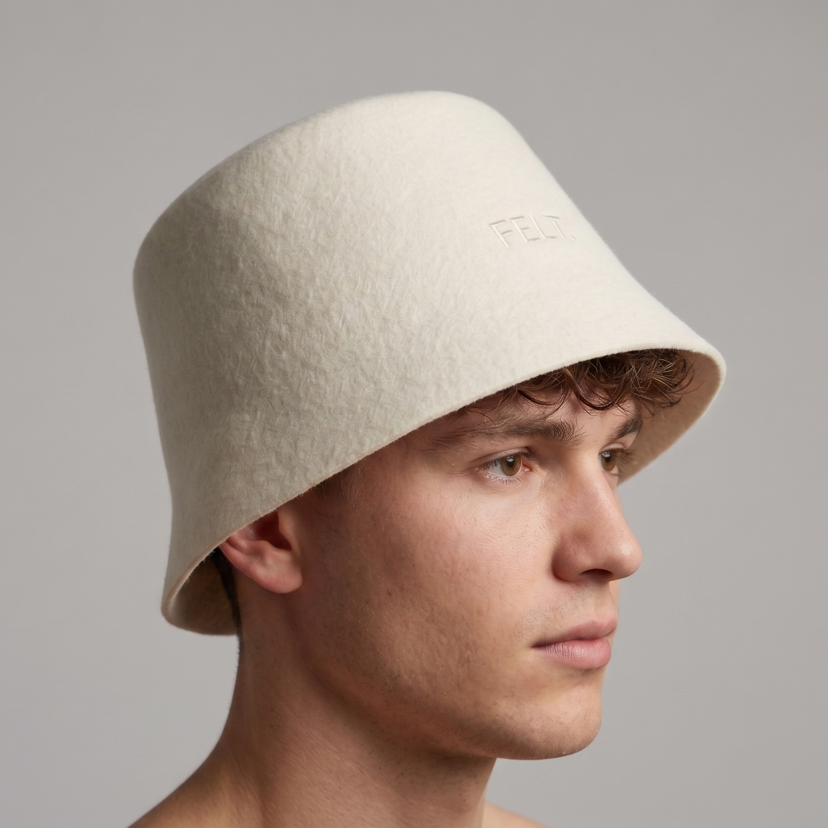 Man wearing The Modern Merino wool sauna hat, studio profile