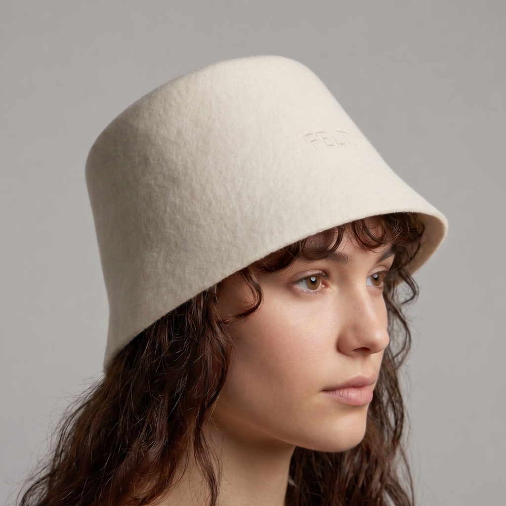 Woman wearing The Modern Merino wool sauna hat, studio profile